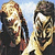 Pixelated static image of two stylized human faces with exaggerated features against a light blue background, rendered in low-resolution 256x256 pixels.