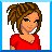 Pixelated character with brown dreadlocks in red top against white background, next to blue with "Liz Rocks!" text and starburst pattern