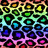 Rainbow leopard print pattern with black outlines on a gradient background transitioning from pink to blue.