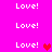 Bright pink background with repeated white 'Love!' text and scattered red heart icons.