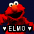 Pixelated red character with large eyes and open mouth, wearing black text banner reading ELMO flanked by heart symbols on dark blue background.