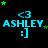 identical pixel art icons featuring 'ASHLEY' text, a ':]' smiley, and '<3' symbol with green stars above, on a black background