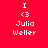 Red background with white pixelated text and symbols: two 'I' letters, two '<3' heart symbols, and two 'Julia Weller' names stacked vertically.