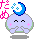 Four pixel-art character variations with blue crescent moons, pink text, and pink cheek marks on a gray background.