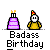 Pixelated birthday icon set with purple cake, yellow character, and 'Badass Birthday' text across multiple poses and animations.