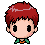 Pixel art contact sheet showing three animated frames of a chibi-style character with red hair and green clothing against a gray background.