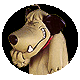 Animated cartoon dog with light brown fur, dark brown ears, and a red collar; head turns slightly left to right while maintaining hand-on-chin pose.