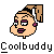 Pixel art icon of a cartoon character with light skin, purple eyes and lips, brown hair in a ponytail, and pink earrings against a gray background with the text "Coolbuddy" below.