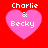 Four identical pink heart-shaped icons with white text "Charlie & Becky" on a red background, arranged in a
