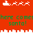 Red background with green text and white pixelated Santa sleighs and reindeer repeating in two , text reads 'here comes here comes santa! santa!'