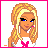 Pixel art contact sheet of a blonde cartoon woman in Playmate-style outfit with pink and white colors, showing multiple poses and text elements across 8 frames.
