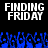 Pixelated text "FINDING FRIDAY" in white on black background with blue pixelated shapes below.