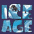 Pixelated blue text spelling 'ICE AGE' on a dark purple background with visible pixelation and color blending effects.