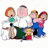 Animated icon featuring multiple cartoon characters in a group pose with one character holding a red object, set against white and green backgrounds.