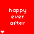 Red background with white text 'happy ever after' and varying numbers of small white star icons arranged in vertical
