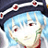 Pixelated anime-style character with blue hair and red eyes wearing a dark cap with white stripes and red gems, next to stylized text on black background.