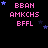 Pixelated text and stars on black background with gray rectangle in bottom-right corner.