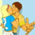 Pixelated image of two figures embracing, one in blue shirt and white shorts, the other in yellow shirt and brown hair, against light blue background.