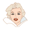 Pixelated portrait of a person with blonde hair and red lips, wearing white collar clothing against gray background.