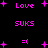 Pixelated pink text and symbols on black background with animated sparkle effects.