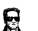 Pixelated black-and-white image of a character with sunglasses and curly hair, showing two states: one without text and another with a speech bubble reading 'I'll be back!'.