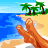 Animated beach scene with palm trees, blue water, and two brown churros on sand; small white figures appear in the background.