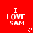 Red background with white text "I LOVE SAM" and a pixelated heart symbol below the text.