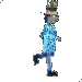 Animated character in blue patterned coat and dark pants walking with arms swinging, head turned right, wearing colorful crown-like headpiece.