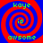Four identical spiral patterns with red and blue concentric rings, green text reading 'koye is awsome' in pixelated font across each quadrant.