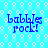 Blue text 'babble rock!' on a light blue background with white pixelated patterns, displayed in a with identical text in each quadrant