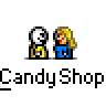 Animated contact sheet showing 18 frames of a pixel art candy shop icon with blonde character, red-and-white striped awning, and repeated "Candy Shop" text across multiple panels.