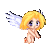 A 6-frame animated contact sheet of a pixel-art angelic character with blonde hair and white wings in various poses against a gray background.