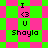 Pixelated icon with pink and green background patterns displaying "I <3 U" and "Shayla" text in black.