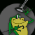 Yellow cartoon frog with green limbs holds a silver frying pan above its head against a gray circular background.