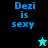 Pixelated text 'Dezi is sexy' appears in blue on four distinct background colors with two star icons, one cyan and one black.