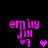Pixelated text 'emily jill' with '3' and heart symbols in bright pink on black background, animated heart changes color and position.