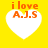 Yellow background with four white heart shapes, each containing orange text reading "i love A.J.S" in a pixelated font.