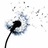 Pixelated dandelion with black seed head and stem, surrounded by scattered gray and white seed fragments against a white background.