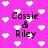 A pink background with white pixelated hearts and the text 'Cassie & Riley' in black pixelated font, repeated in a pattern