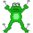 Pixelated green frog with white eyes and black pupils, arms raised holding gray objects, on light gray background. Text overlays appear in lower