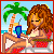 Pixelated beach scene with a woman in a bikini reclining on a chair, palm tree, and blue drink with straw.