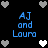 Black background with blue text "AJ and Laura" and pixelated heart symbols in white and gray arranged in a pattern