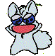 Pixelated cartoon character with white fur, blue sunglasses, and red mouth in two poses against gray background.