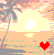 Pixelated tropical sunset scene with palm trees and a sun, featuring colored hearts changing across frames.