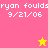 Pixelated buddy icon with pink and yellow background sections, repeated text 'ryan foulds 9/21/06', and two star symbols changing color.