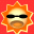 A 4-frame animated contact sheet of a sun-shaped cartoon character with orange rays, displaying different facial expressions and mouth shapes across frames against a solid red background.