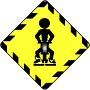 Yellow diamond-shaped icon with black chevron border, central stick figure in seated pose with hands on hips and small gray object between legs.