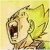 Pixelated image of a character with light skin, dark hair, and a green garment against a pale yellow background.