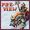 Pixel art image of a knight on a dragon holding an axe, with 'PRE-VIEW' text in orange-red letters against a light blue background.