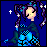 Pixel art character with purple braided hair and blue patterned clothing against dark blue background, text 'night gazer' in white pixel font.